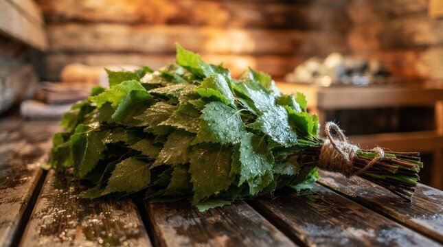 sauna birch whisk leaves macro A bundle of fresh green herbs tied with twine resting on a rustic wooden table.