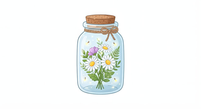 Cute wildflowers and fireflies in a glass jar sticker vector illustration featuring rustic clear jar with daisies, purple flowers, and glowing fireflies on isolated white background