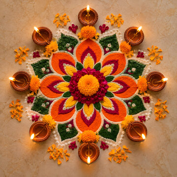 Colorful Diwali rangoli with glowing clay diyas