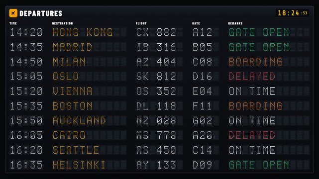 Airport flight departures board updating destination status. 4K Video