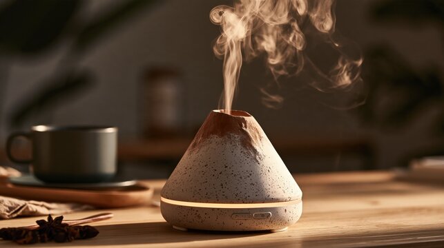 Volcano shaped aroma diffuser emitting mist on a wooden table