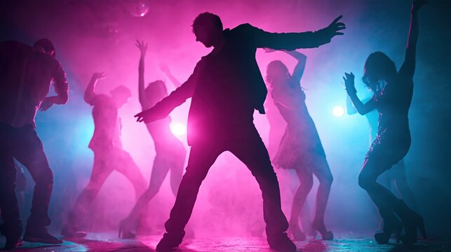 Silhouettes of young people dancing in a vibrant nightclub with pink and blue lights