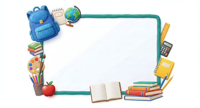3D claymation style school supplies border frame vector illustration featuring green clay border with backpack, globe, books, calculator, and pencils on isolated white background