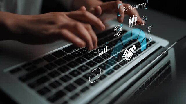 Modern Business Technology Concepts with Hands on Laptop, Data Visualization Symbols and Partnership Icons Depicting Digital Trust and Collaboration Gluon.