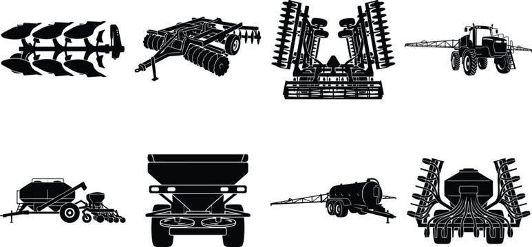 Agricultural Implement Silhouettes - Vector icon set featuring farm machinery, seed drills, plows, and crop sprayers isolated on white background