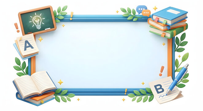3D school and education theme border frame vector illustration featuring blue rectangular frame, chalkboard with idea bulb, books stack, letter cards, and pen on white background