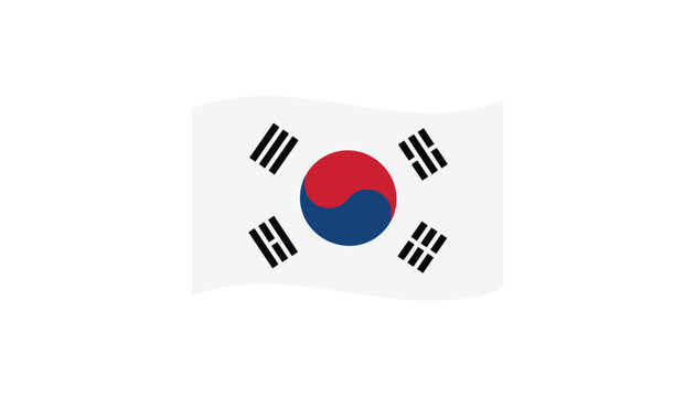 Waving flag of south korea featuring the central red and blue taegeuk symbol with four black trigrams on a white background cloth.