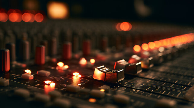 Analog Mixing Board Fader Glowing Softly Under Studio Lighting