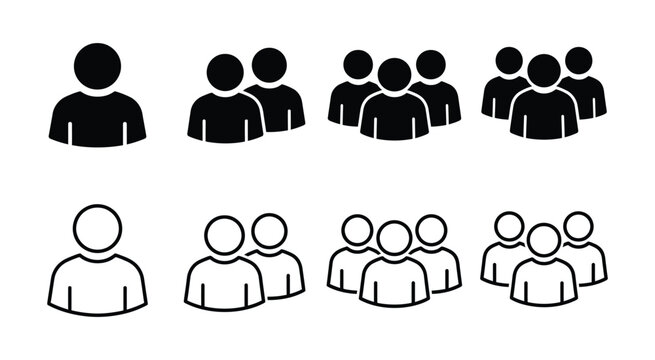 People and team silhouette icon collection with single and multiple user figures. Minimal black and outline symbols for community, organization, teamwork, business, social media, and communication.