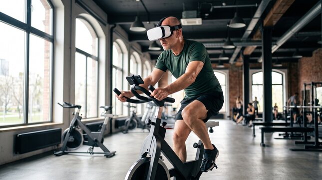 Athletic Man Exercising on Stationary Bike Wearing Virtual Reality VR Headset in Gym