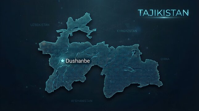 Detailed blue digital map of Tajikistan featuring glowing neon dots and capital city marker highlighting Central Asian geography within a futuristic interface graphic presentation