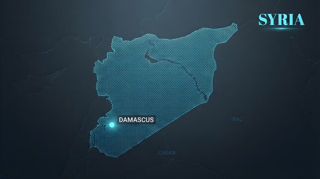 Digital map of Syria featuring glowing blue dotted halftone pattern texture with capital city Damascus marked clearly against dark futuristic technological background interface design