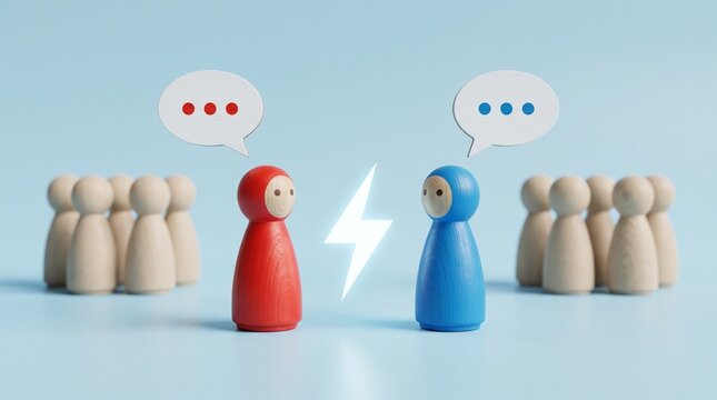Opposing viewpoints wooden figurines conflict speech bubbles lightning