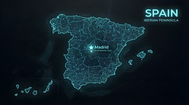 Digital map of Spain showing glowing blue dotted borders and regional boundaries with the capital city Madrid marked brightly against a dark cosmic background