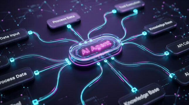 Artificial intelligence AI agent workflow automation network connecting digital data nodes for smart technology ecosystem integration visual background 3D render illustration