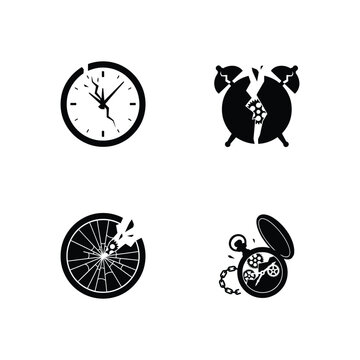 Clock icon broken set featuring damaged timepieces and gears