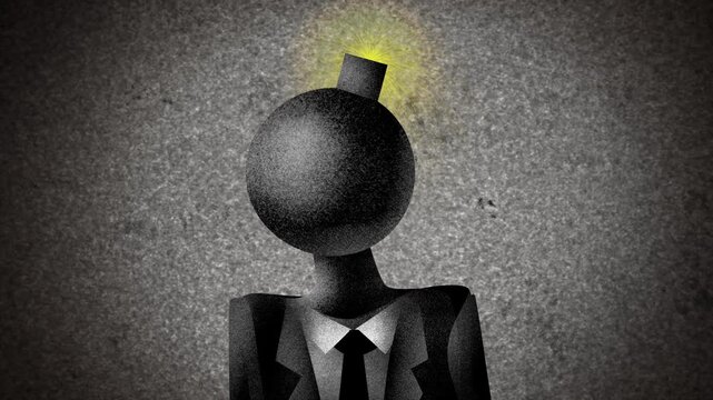 office worker with a bomb-shaped head exploding from workplace stress