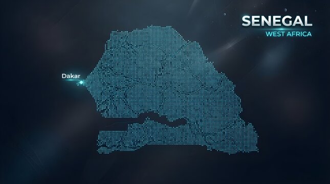 Glowing digital map of Senegal rendered in vibrant blue dots with capital city Dakar highlighted on dark futuristic background creating modern technological cartography visual representation