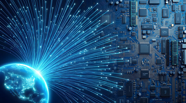 Planet earth globe connected with glowing fiber optics light beams to computer circuit board microchip processor global technology background 3D render illustration