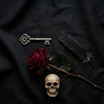 Sophisticated Halloween Flat Lay with Skull Rose and Vintage Key on Black Linen