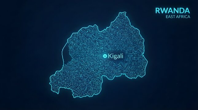 Glowing digital map of Rwanda featuring glowing neon cyan dots and lines highlighting the capital city of Kigali against a dark futuristic technological background