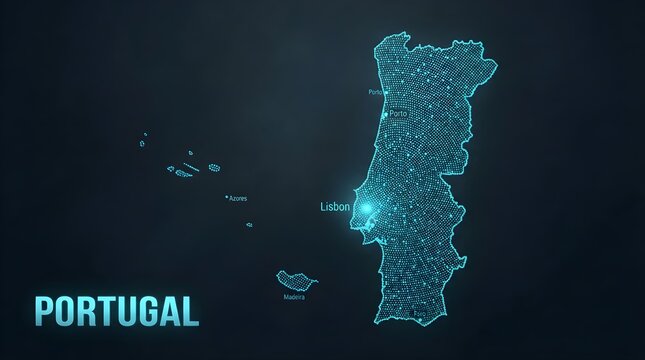 Glowing digital map of Portugal featuring glowing neon blue dotted matrix patterns highlighting major cities and capital Lisbon against dark minimalist technology backgrounds