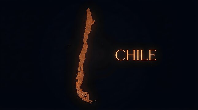 Glowing orange dotted map of Chile illuminated against a dark background featuring typography highlighting the name of this South American country clearly