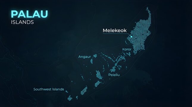 Digital map of Palau islands glowing with neon blue cyan dots highlighting capital city Melekeok against dark background featuring geographic location labels