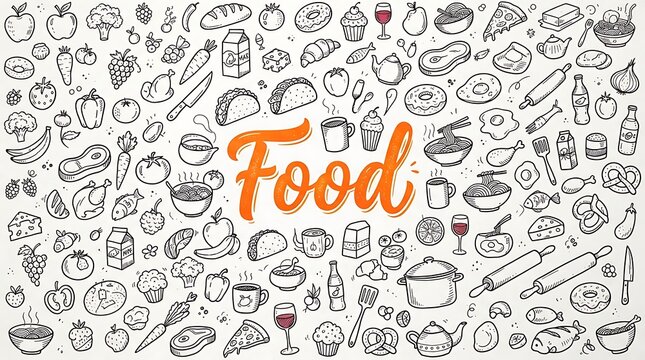 Hand drawn food items and kitchen utensils pattern with orange text in the center on a white background with doodle collection