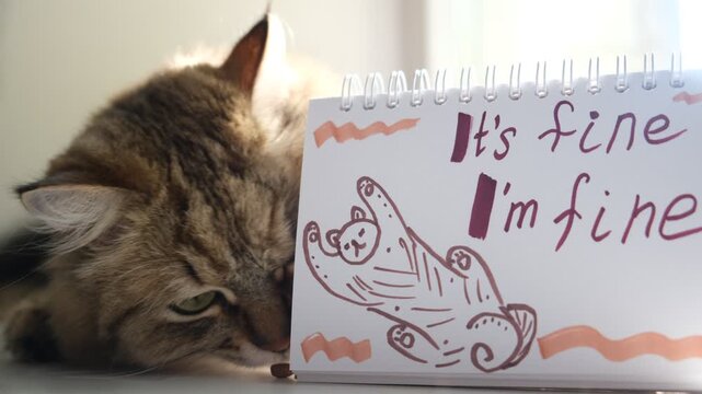 Cute cat sitting next to a notepad with the handwritten text &ldquo;It&rsquo;s fine, I&rsquo;m fine.&rdquo; The humorous, relatable quote adds a touch of lighthearted  gentle self-awareness,  uplifting and motivational vibe