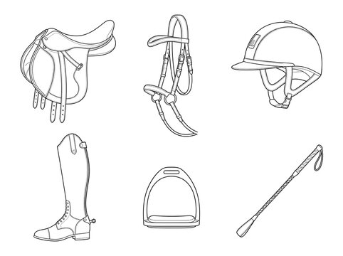 Outline illustrations of equestrian gear including saddle and helmet