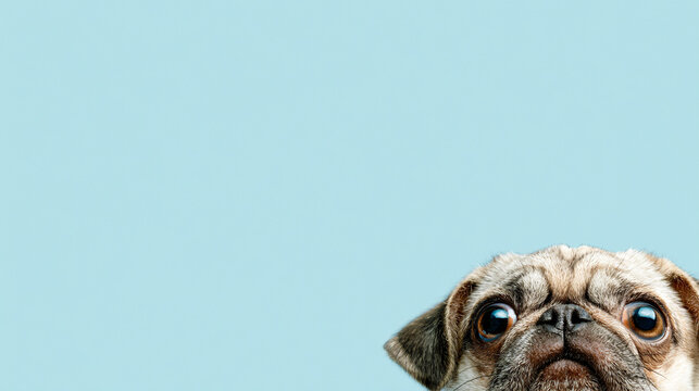 Tiny Pug Looking Up with Copy Space