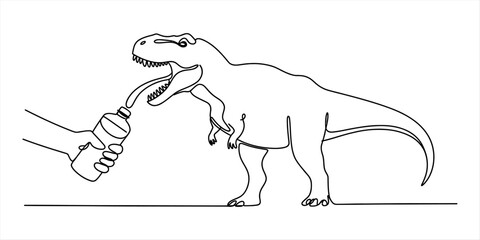 Continuous line drawing of a human hand giving water to a hungry tyrannosaurus rex dinosaur © Nayon