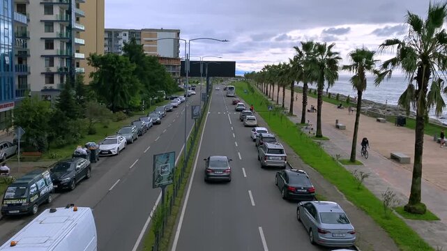 Cars driving along Batumi boulevard, elevated view of coastal road beside Black Sea promenade with palm trees, suitable for urban transport, tourism, traffic
