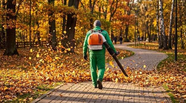 Professional gardener operating a leaf blower to clear autumn leaves in a public city park