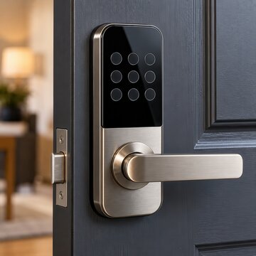 Modern electronic door lock with keypad and handle on dark blue door