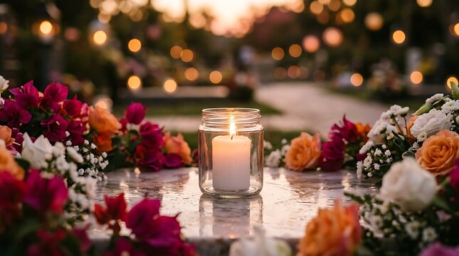 A white candle burning inside a glass jar on a stone surface surrounded by colorful flowers with flowers blurred background