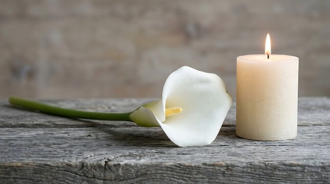 A white calla lily flower and a single burning pillar candle resting on a rustic wooden table with blurred textured background