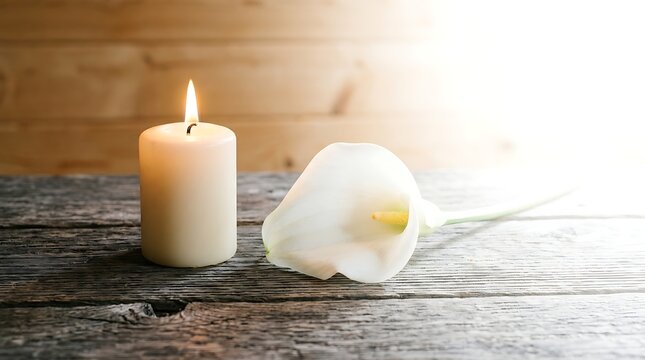 A single lit white candle and a white calla lily flower on a rustic wooden table surface with soft natural lighting