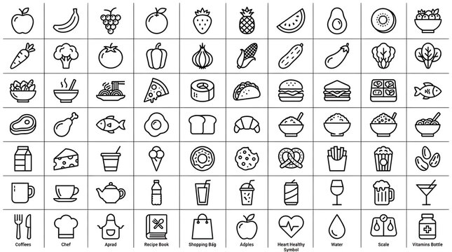 A comprehensive set of food and drink line icons arranged in a grid for culinary design projects with healthy lifestyle symbols grid layout