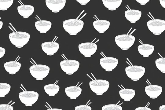 Seamless pattern of white noodle bowls with chopsticks on a black background.