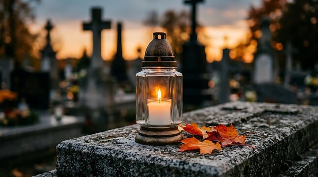 A lit memorial candle inside a glass lantern sits on a stone grave with autumn leaves with tombstone decorated fallen
