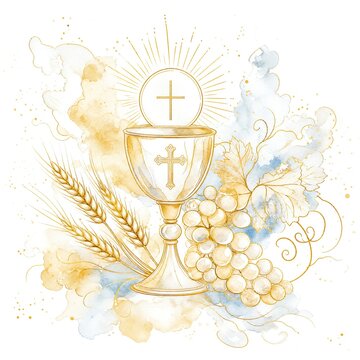Wheat and Grapes Gold Watercolor Communion Illustration