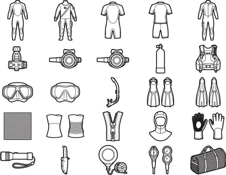 Collection of scuba diving equipment and apparel icons, showcasing a comprehensive set of gear for underwater exploration, presented in a clean, illustrative style.