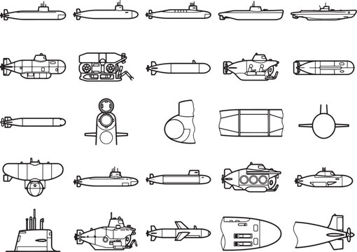 A collection of detailed line drawings showcases various submarine designs, including modern and vintage models, alongside torpedoes and naval blueprints.