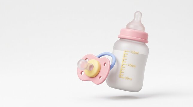 3D baby milk feeding bottle with milk and blue pacifier dummy for newborn care, childcare, and infant nutrition concept measurement scale and dummy pacifier representing infant care
