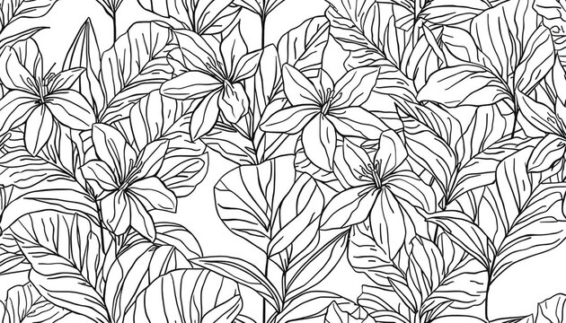 Seamless pattern of black and white botanical line art with leaves and flowers, hand drawn floral outline background for textile, wallpaper and packaging design