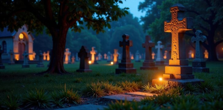 Ancient stone crosses & grave lights illuminate All Saints' churchyard , grave light, heritage, light