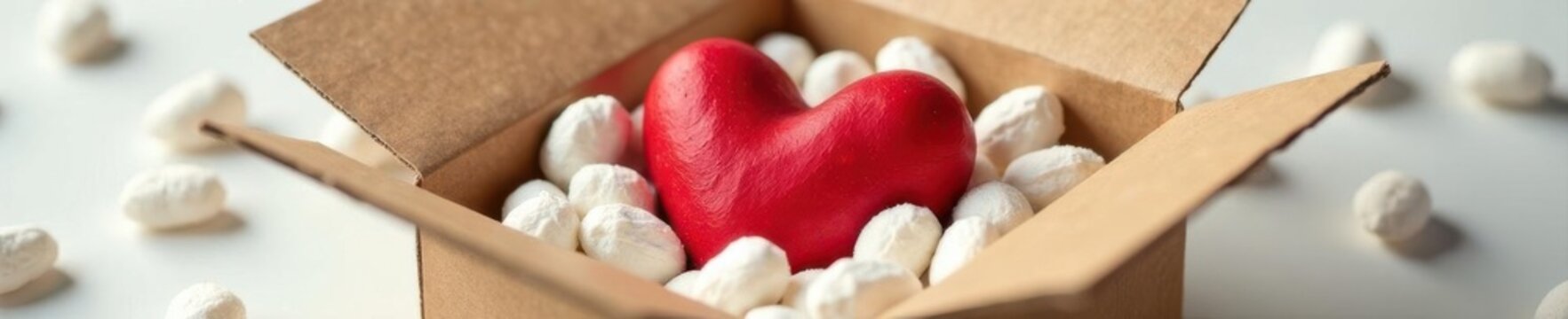 Red heart nestled in white packing peanuts, cardboard box , red heart, illustration, packing