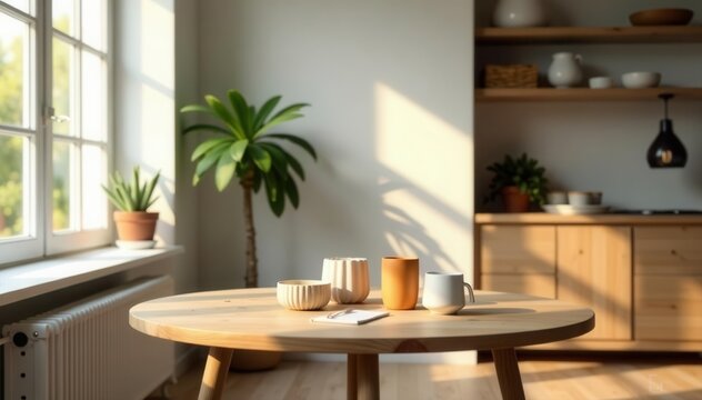 Round wooden table showcasing items; bright Scandinavian room, white, setting, showcase